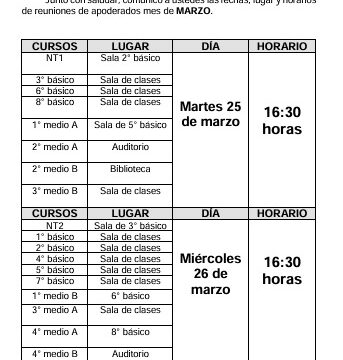 Informamos a nuestros apoderados el horario de la reuniones de marzo